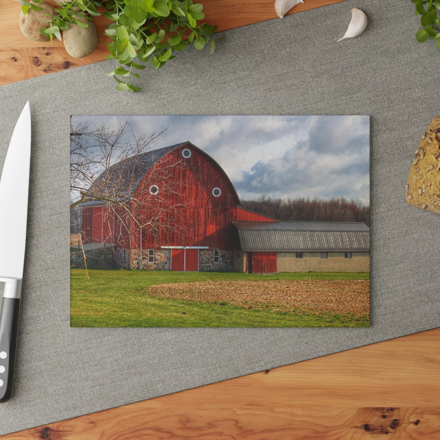 U R There Photography Clear Lake Road Fieldstone Red Rustic Farmhouse Tempered-Glass Cutting Board