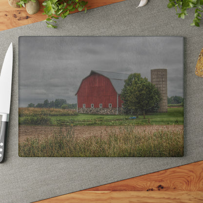 U R There Photography Clifford Road Red and Silo II Rustic Farmhouse Tempered-Glass Cutting Board