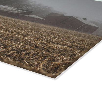 U R There Photography Farm in the Fog on Barnes Road Rustic Farmhouse Tempered-Glass Cutting Board