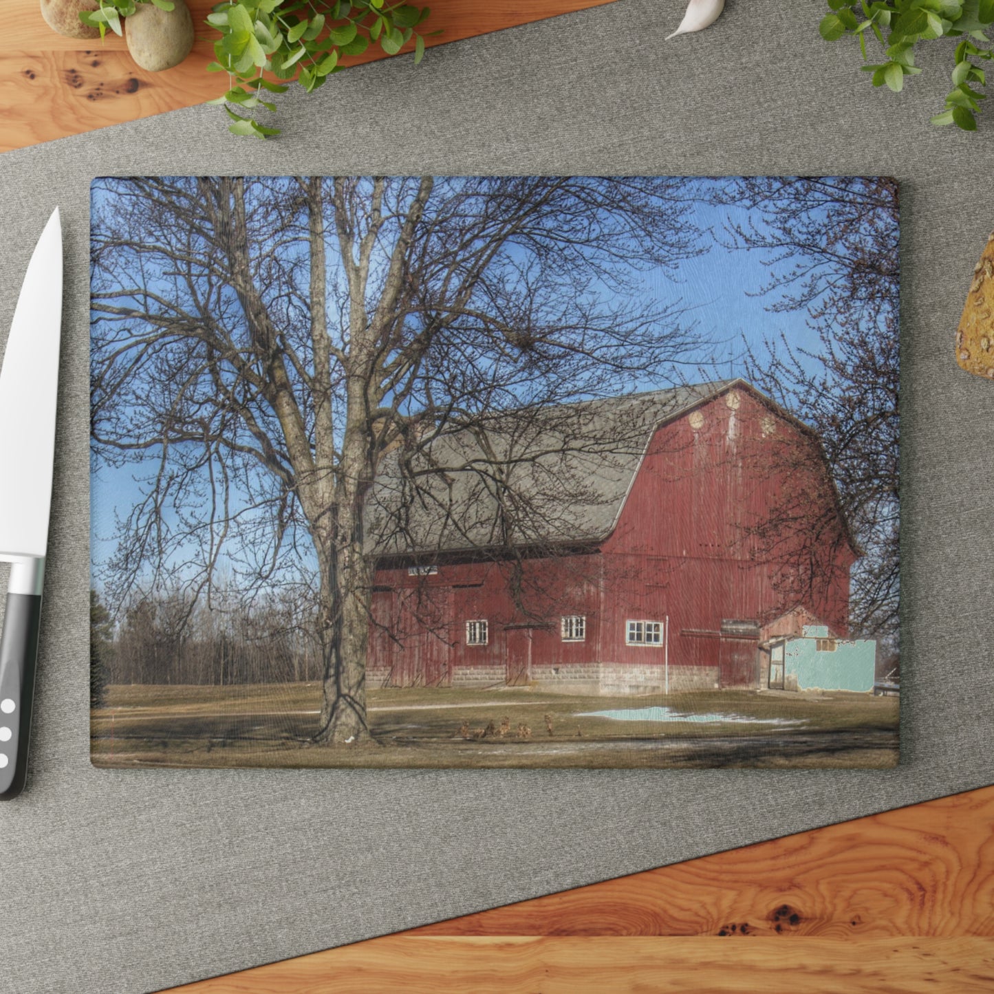 U R There Photography Dixon Road Red Rustic Farmhouse Tempered-Glass Cutting Board