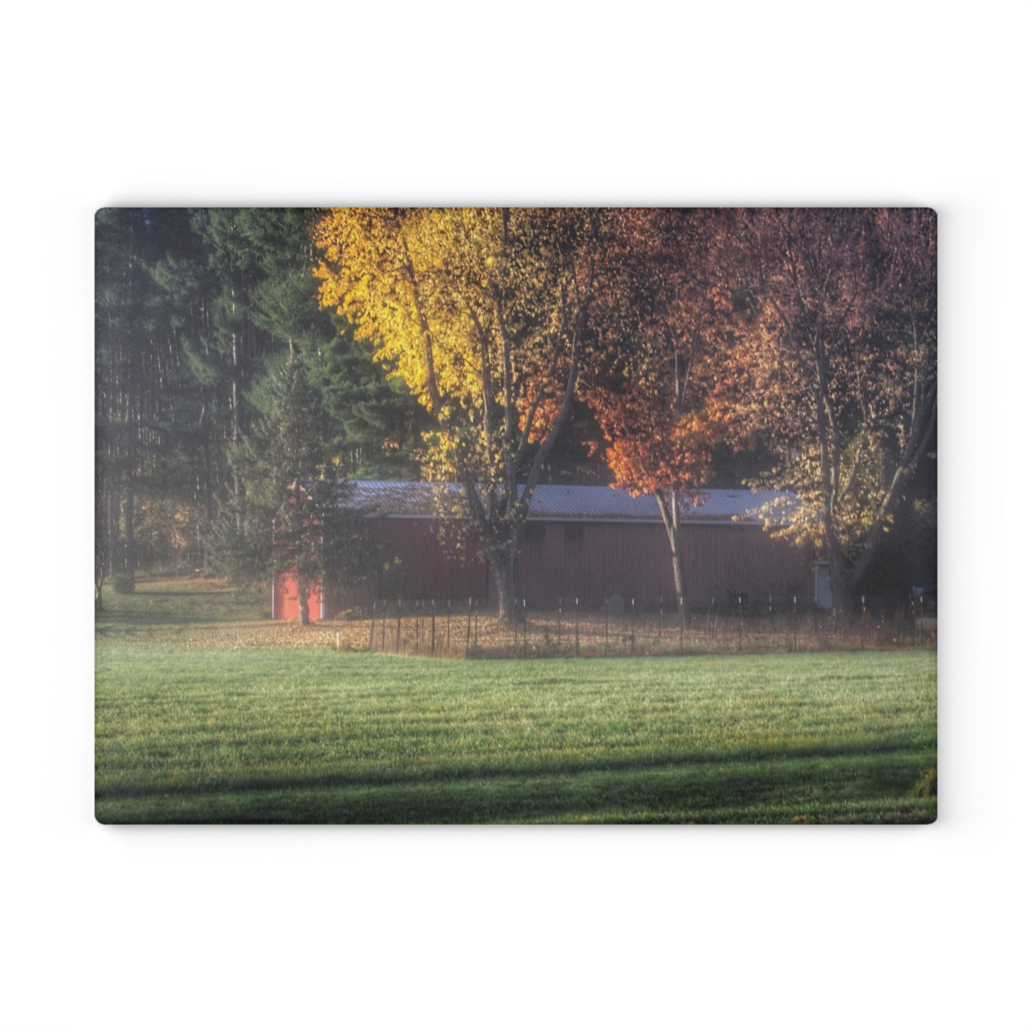 Barn Boutique Rustic Tempered-Glass Cutting Board| Red Barn on Foggy Fall Morning