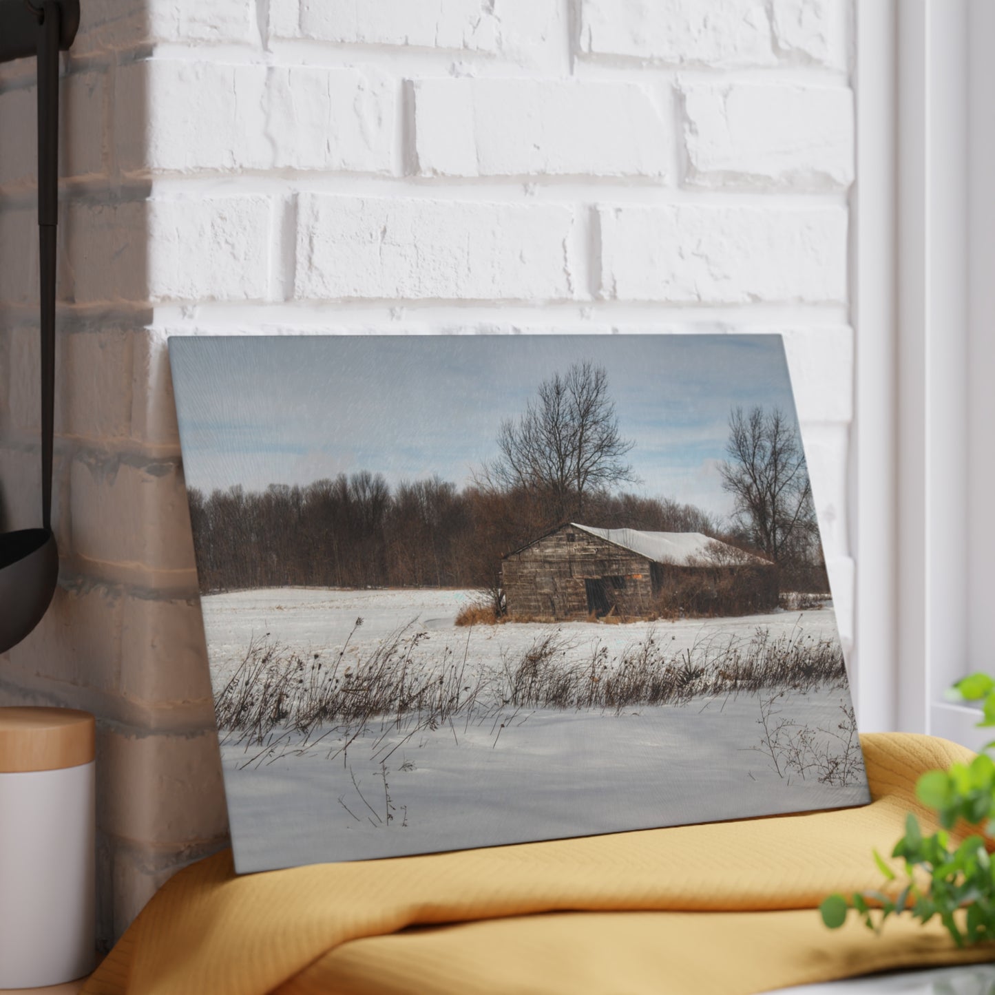 U R There Photography Frozen Grey Shack of Kingston Rustic Farmhouse Tempered-Glass Cutting Board