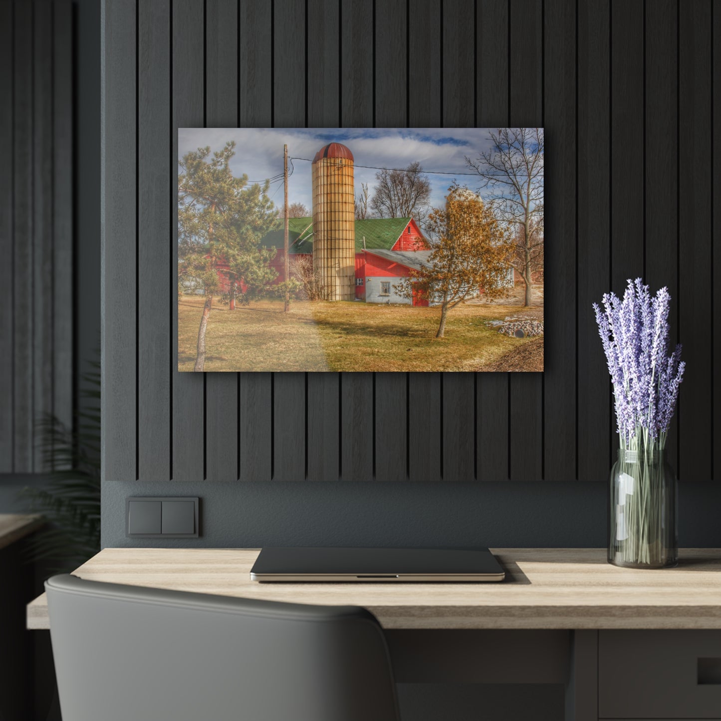 U R There Photography Newark Road Red and Silos II Rustic Farmhouse Acrylic Wall Print