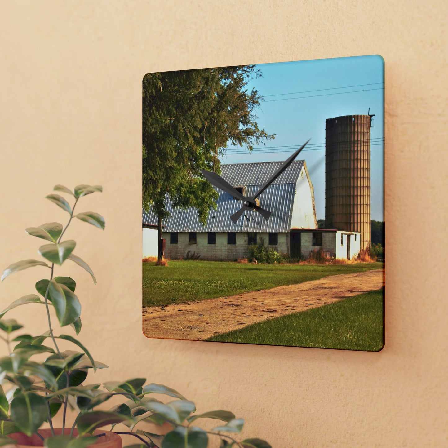 U R There Photography White Barn and Silo Rustic Farmhouse Acrylic Analog Wall Clock