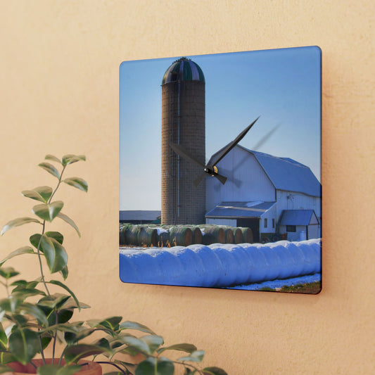 U R There Photography Bowers Road White in Winter Rustic Farmhouse Acrylic Analog Wall Clock