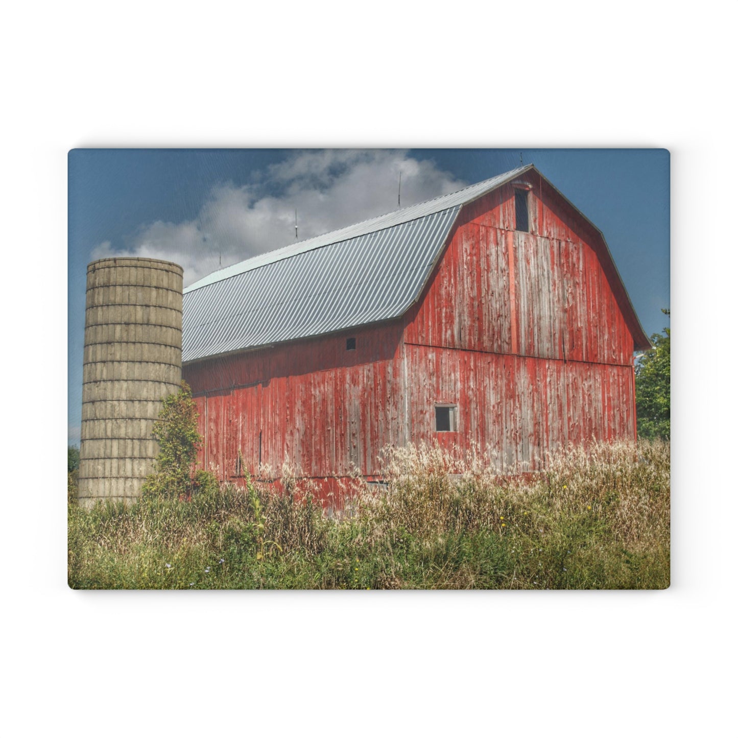 Barn Boutique Rustic Tempered-Glass Cutting Board| Columbiaville Red in Summer I