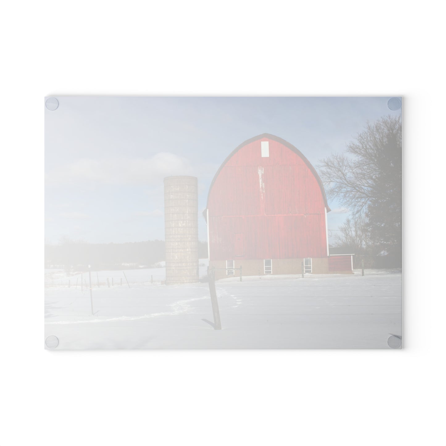 U R There Photography Barnes Road Winter Red Rustic Farmhouse Tempered-Glass Cutting Board