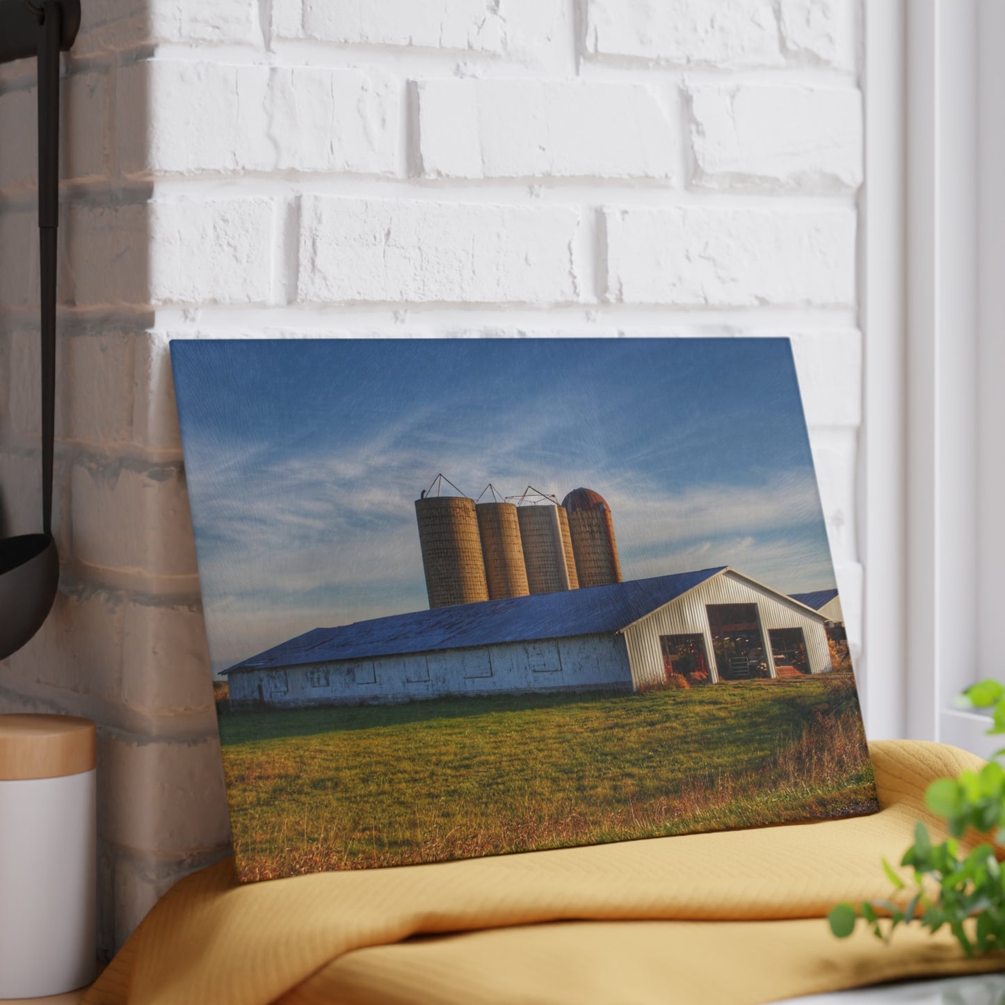 U R There Photography Peck White and Silos Rustic Farmhouse Tempered-Glass Cutting Board