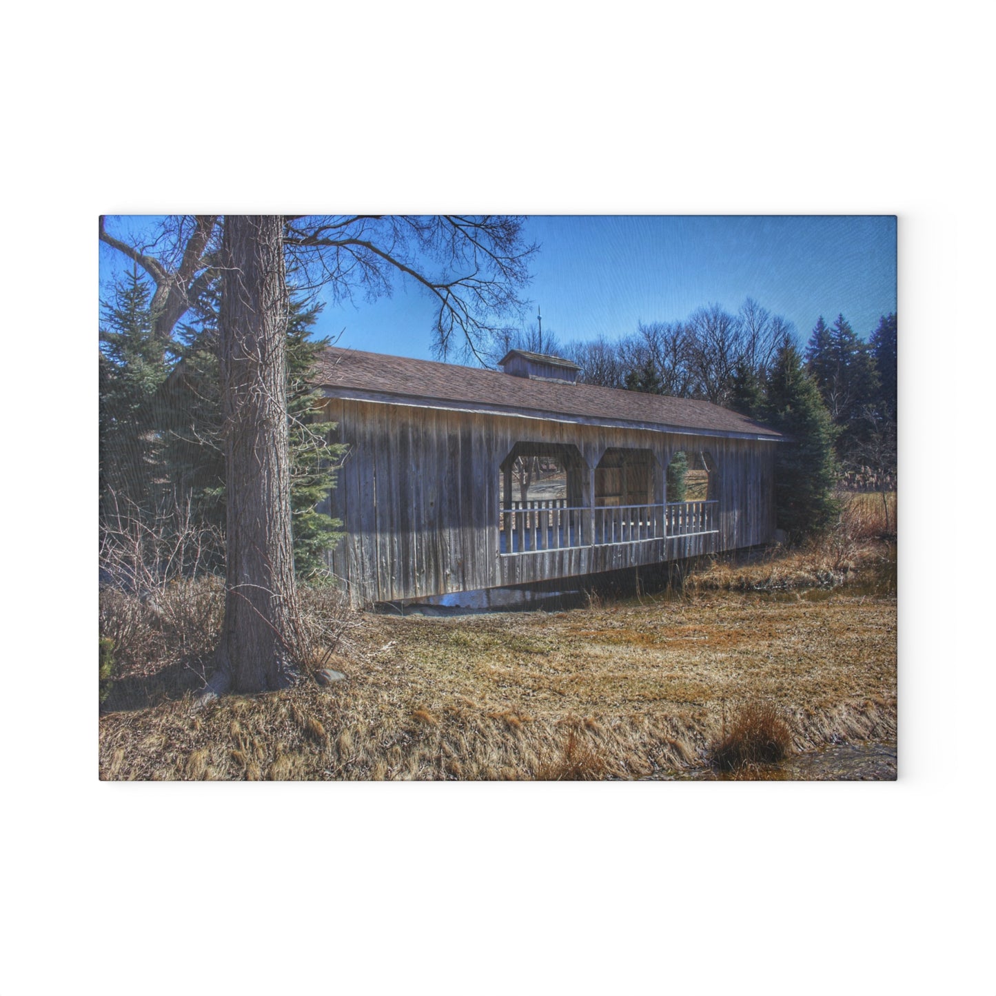 Barn Boutique Rustic Tempered-Glass Cutting Board| Covered Bridge of Campground Road I