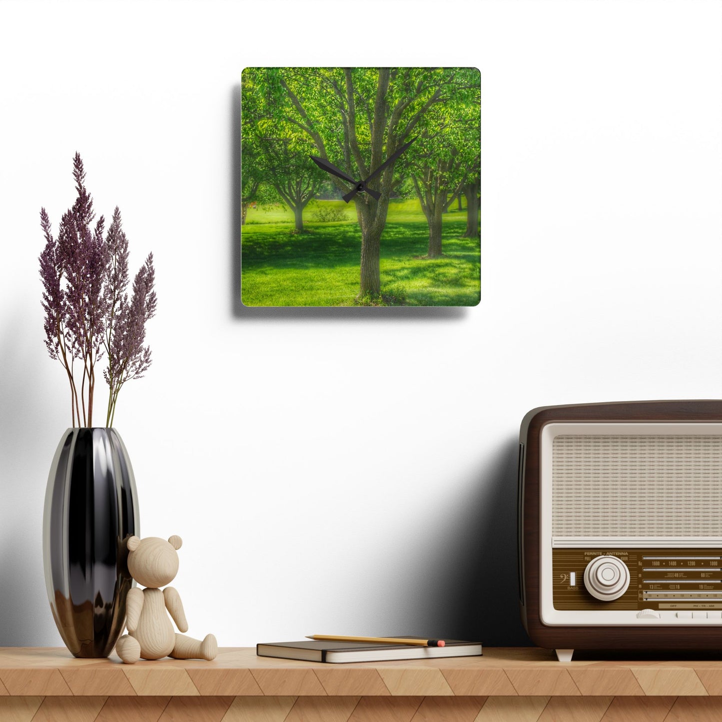 U R There Photography Spring Trees in Chartreuse Rustic Farmhouse Acrylic Analog Wall Clock