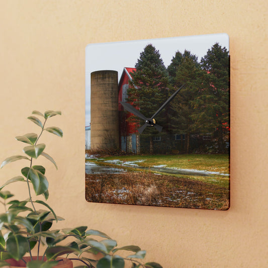 U R There Photography Laur Road Red Among the Pines III Rustic Farmhouse Acrylic Analog Wall Clock