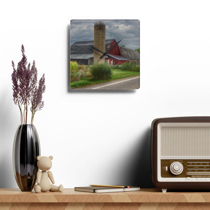 U R There Photography Lake Pleasant Road Little Red and Silo II Rustic Farmhouse Acrylic Analog Wall Clock