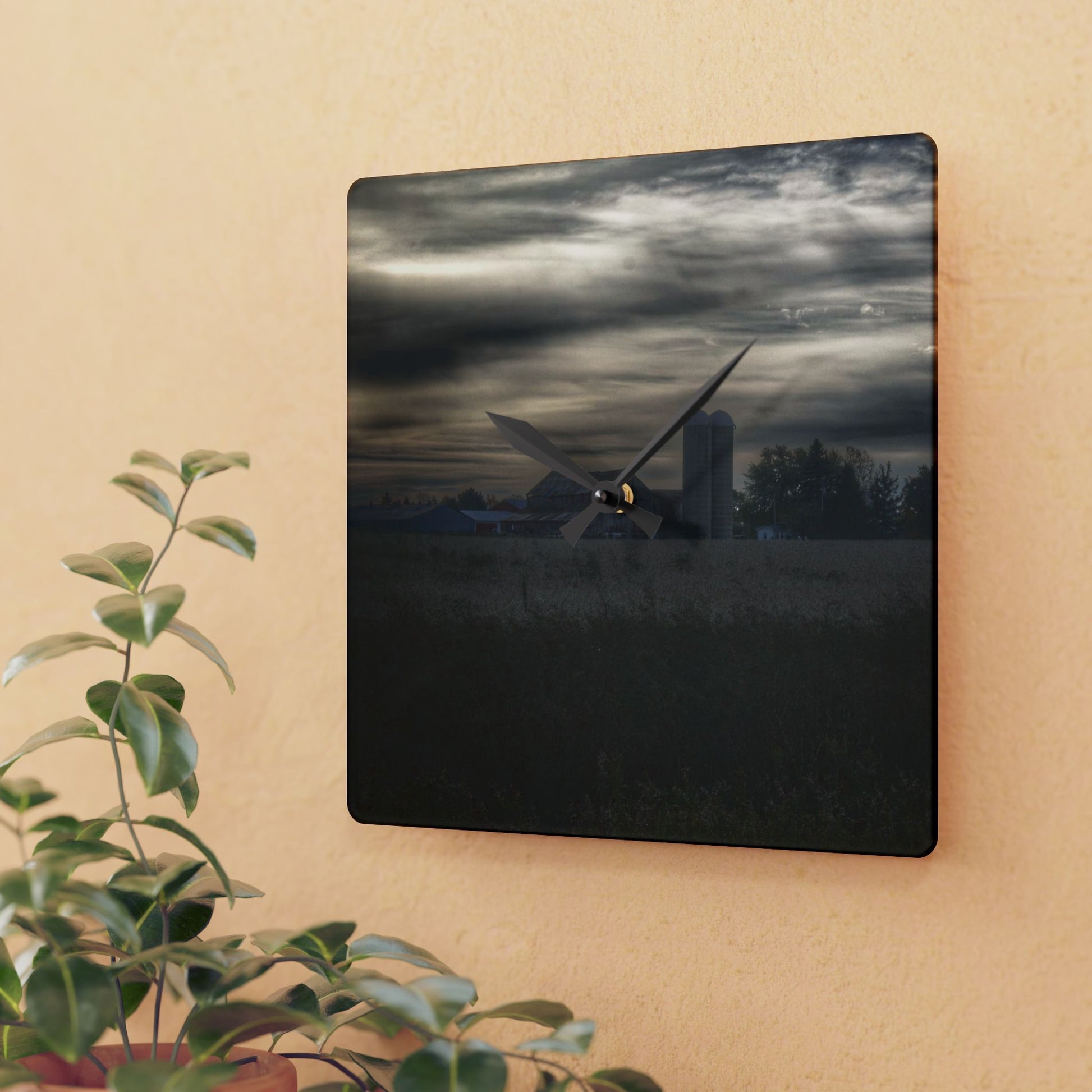 Rustic Farmhouse Wall Clock featuring Across the Field on Brown City Road