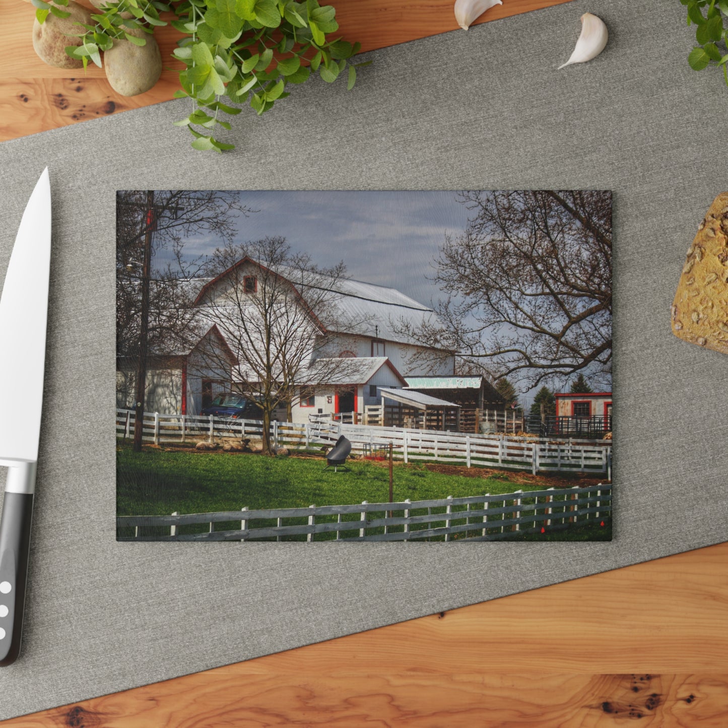 U R There Photography Henderson Whites Rustic Farmhouse Tempered-Glass Cutting Board