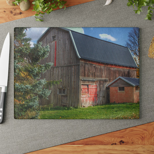 U R There Photography East Leonard Road Red Rustic Farmhouse Tempered-Glass Cutting Board
