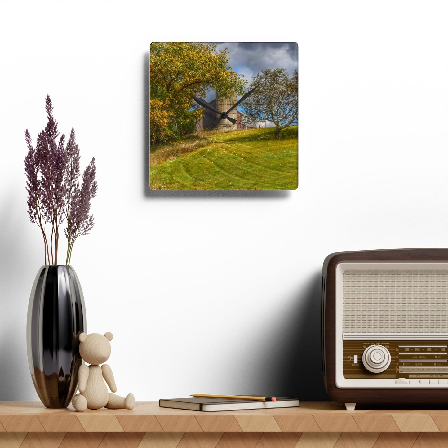 U R There Photography M-24 Hilltop Grey Rustic Farmhouse Acrylic Analog Wall Clock