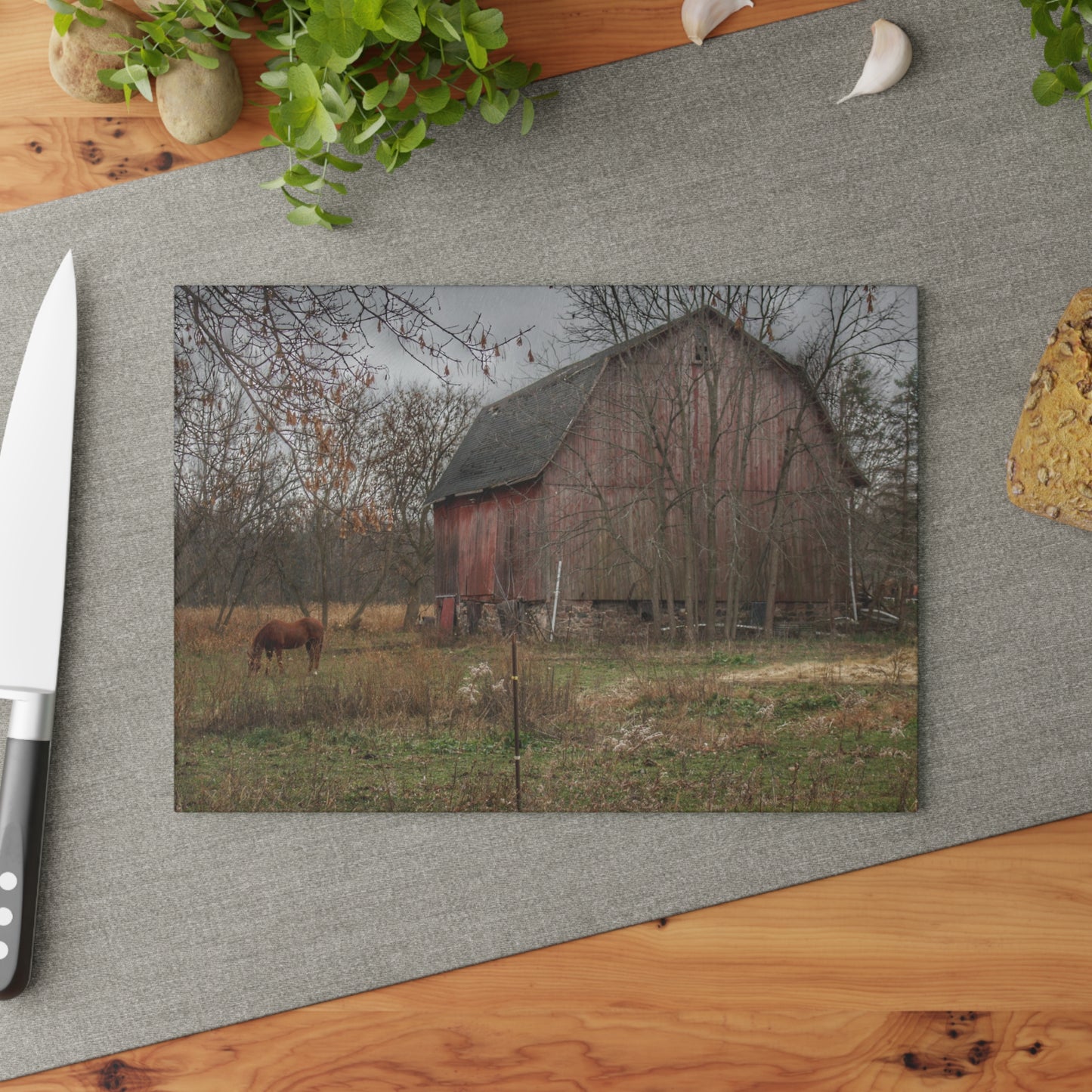 U R There Photography Blair Road Barn and Horse Rustic Farmhouse Tempered-Glass Cutting Board