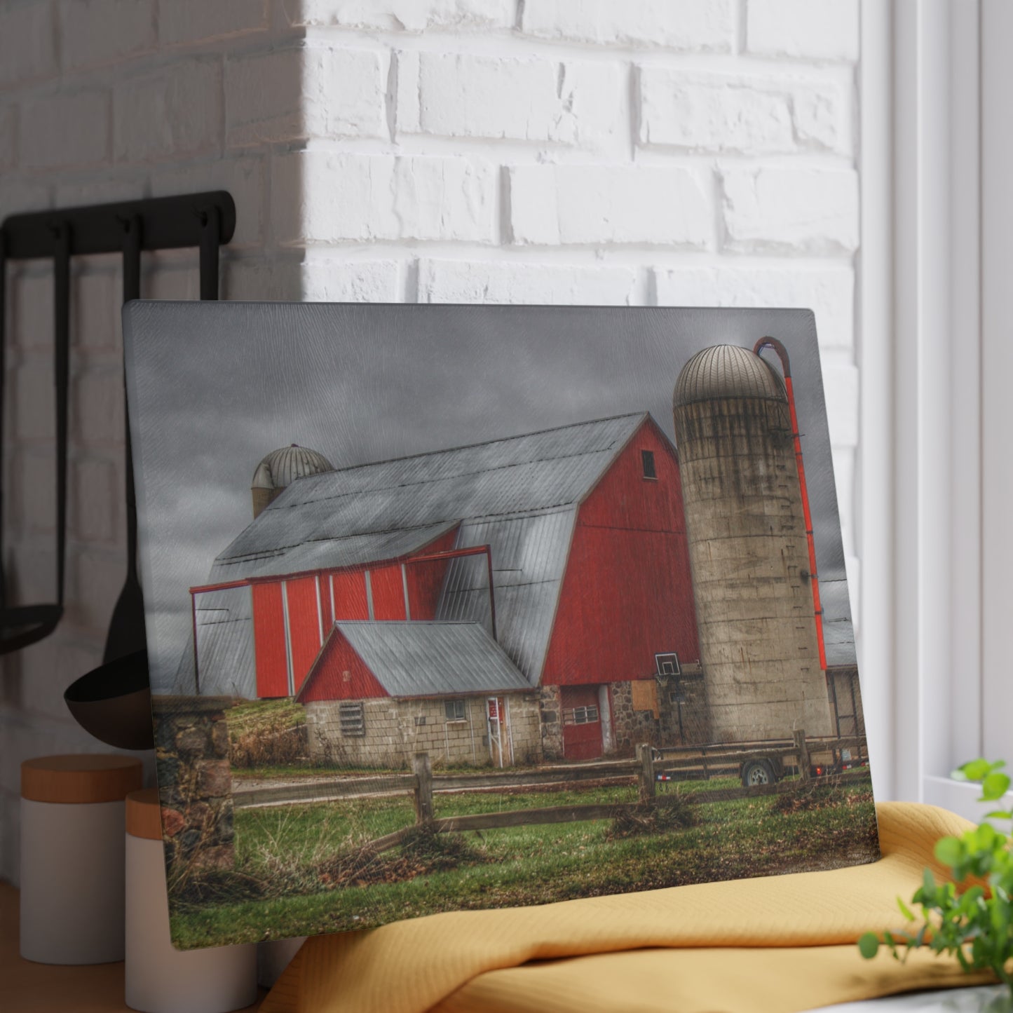 U R There Photography Slattery Roadside Red II Rustic Farmhouse Tempered-Glass Cutting Board