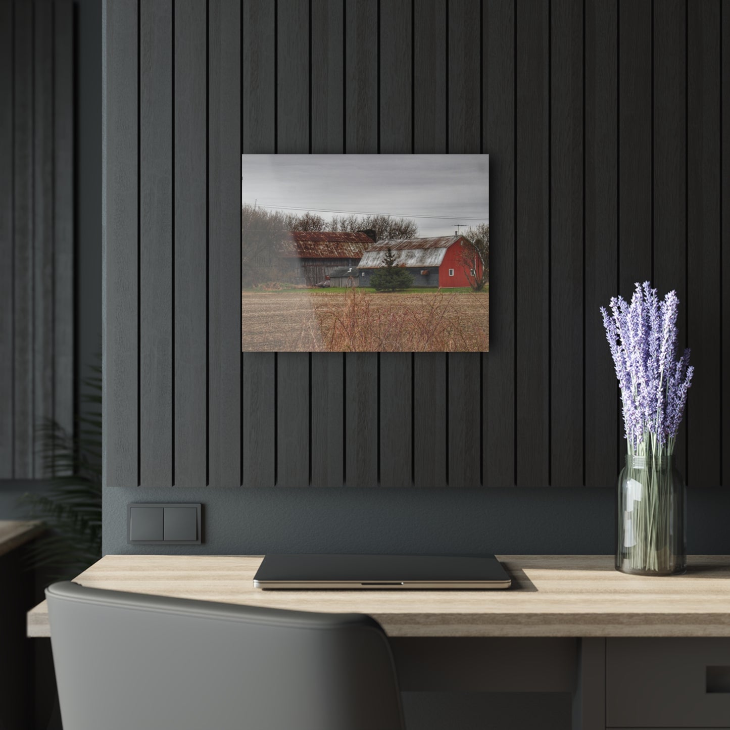 U R There Photography South Summers Road Rusted Grey and Little Red Rustic Farmhouse Acrylic Wall Print