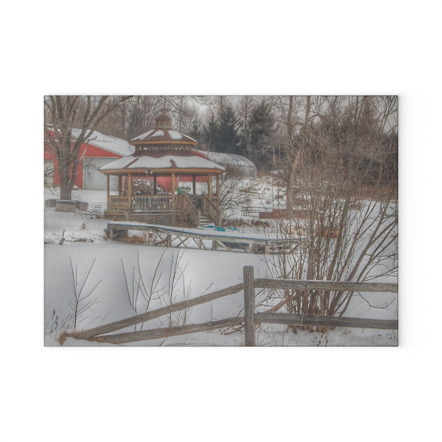 U R There Photography Columbiaville Gazebo in Winter Rustic Farmhouse Tempered-Glass Cutting Board