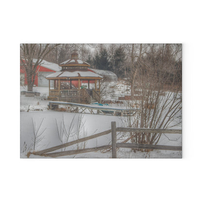 U R There Photography Columbiaville Gazebo in Winter Rustic Farmhouse Tempered-Glass Cutting Board