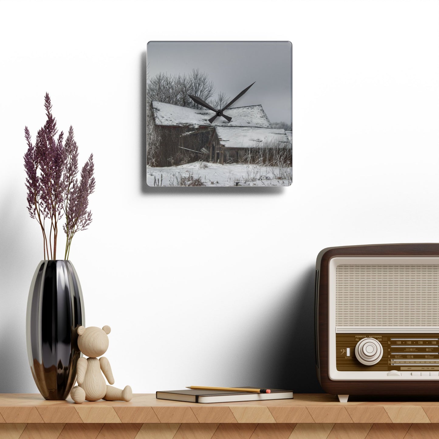 U R There Photography Grey Shacks of Mayville Rustic Farmhouse Acrylic Analog Wall Clock