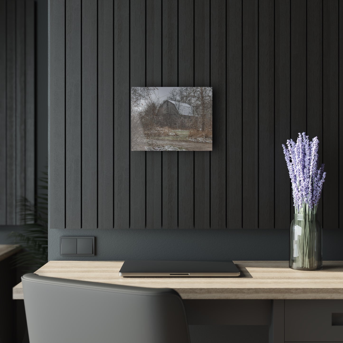 U R There Photography Bishop Road Winter Grey Rustic Farmhouse Acrylic Wall Print 14 "x 11"
