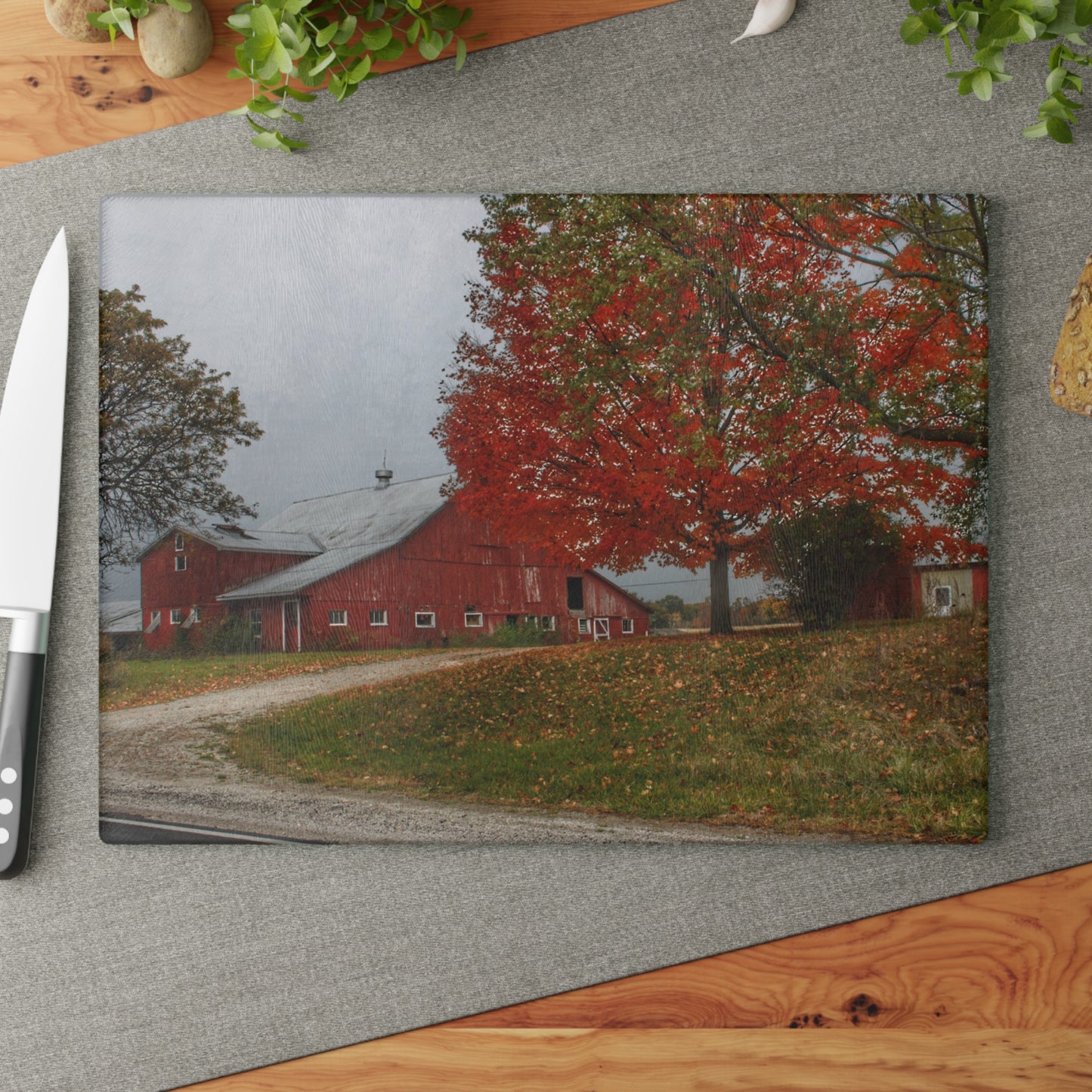 U R There Photography Goodrich Baldwin Road Reds II Rustic Farmhouse Tempered-Glass Cutting Board