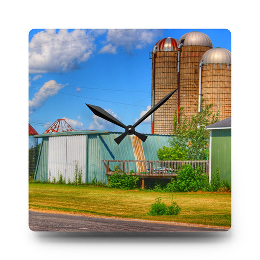 Morrish Road Silos I Rustic Farmhouse Acrylic Analog Wall Clock 10.75'' × 10.75'' (Square)
