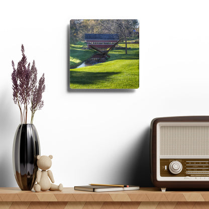 U R There Photography Hadley Covered Bridge I Rustic Farmhouse Acrylic Analog Wall Clock