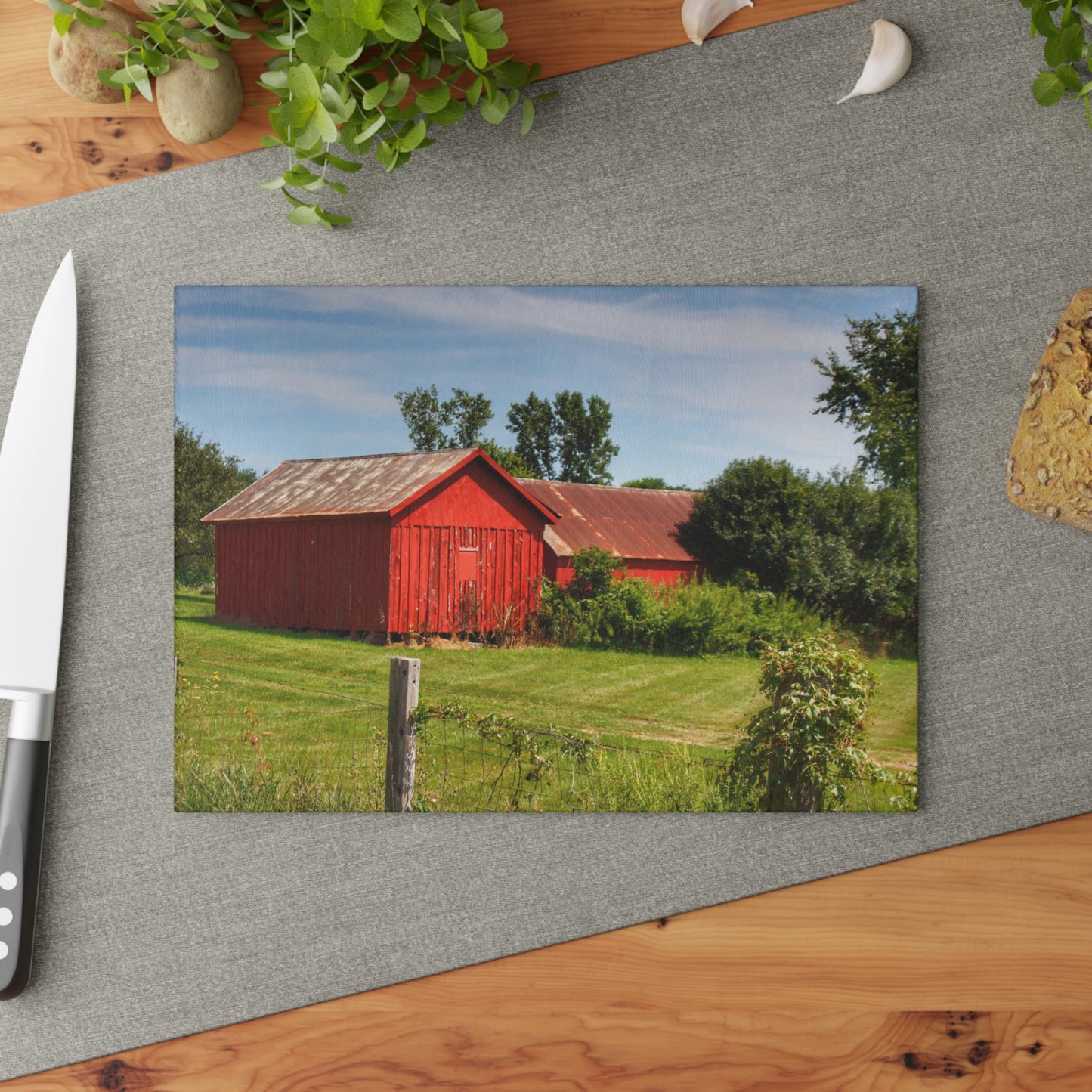 U R There Photography South Oak Road Reds II Rustic Farmhouse Tempered-Glass Cutting Board