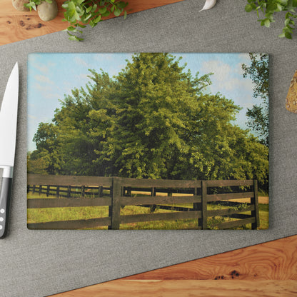 U R There Photography Country Fence and Tree in Metamora Rustic Farmhouse Tempered-Glass Cutting Board