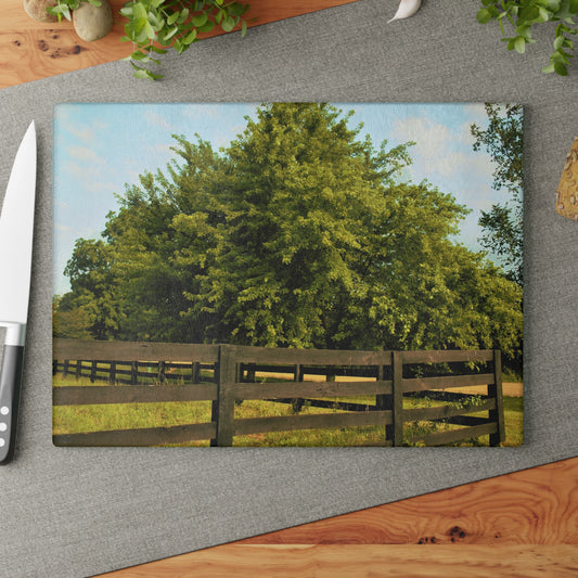 U R There Photography Country Fence and Tree in Metamora Rustic Farmhouse Tempered-Glass Cutting Board