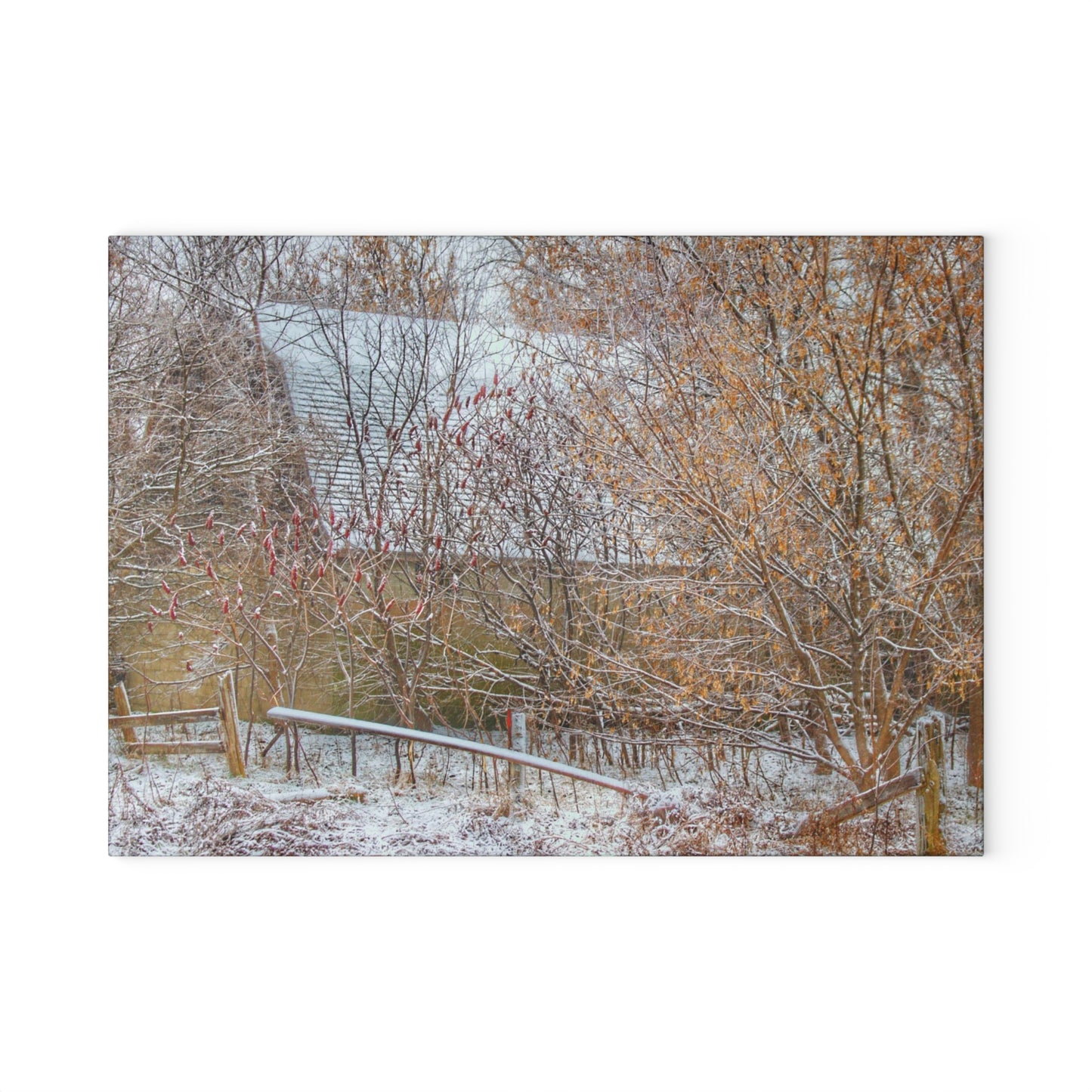 U R There Photography Dryden Road Hidden Winter Grey Rustic Farmhouse Tempered-Glass Cutting Board