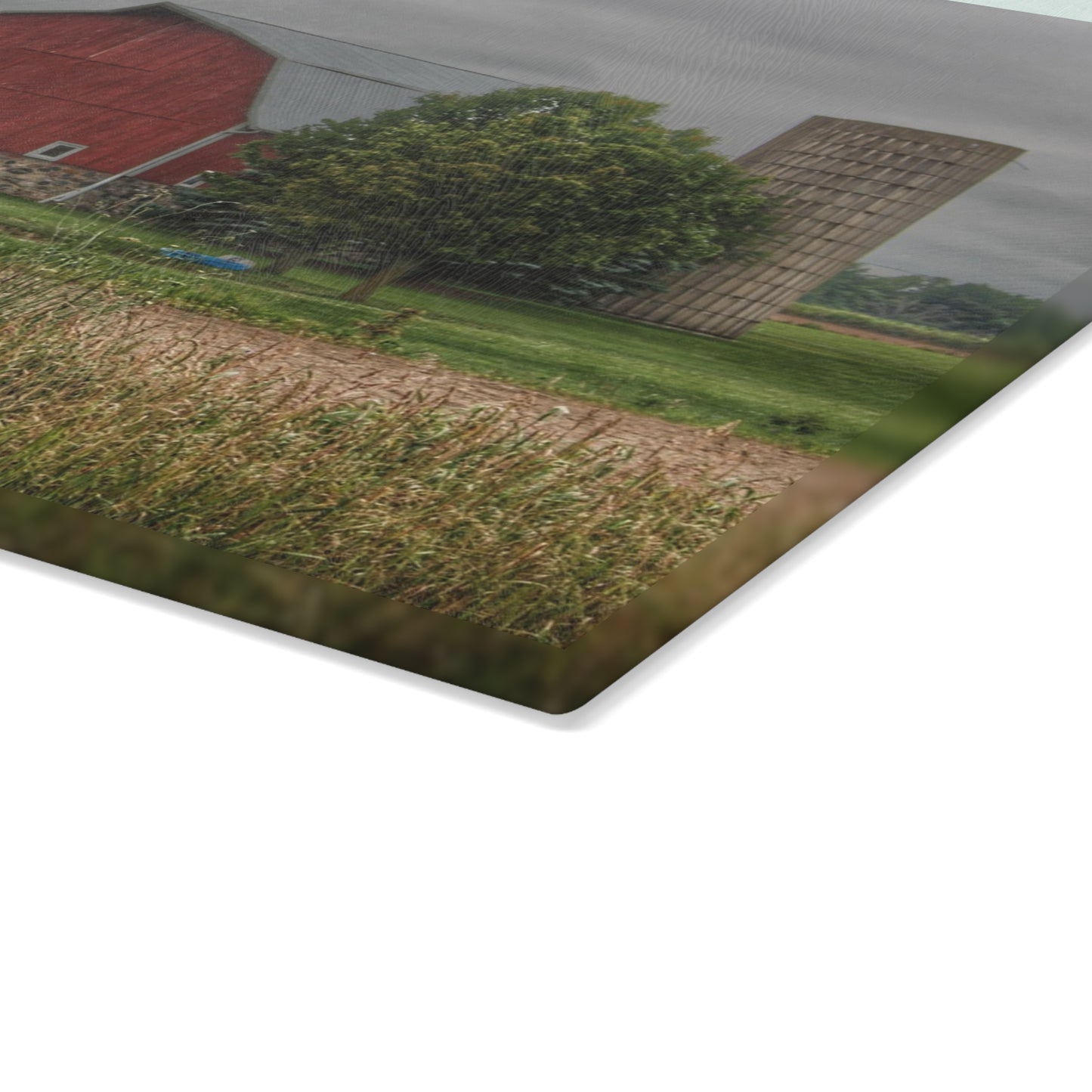 U R There Photography Clifford Road Red and Silo II Rustic Farmhouse Tempered-Glass Cutting Board
