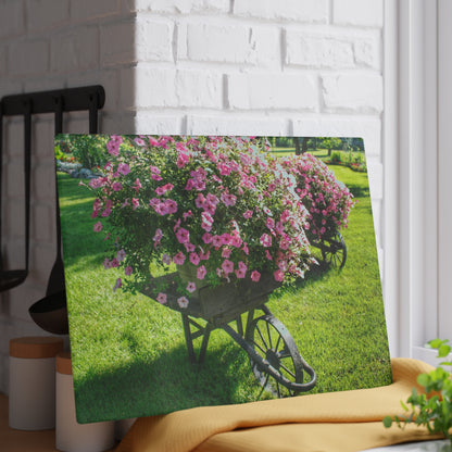 U R There Photography Wheelbarrow Full of Flowers Rustic Farmhouse Tempered-Glass Cutting Board