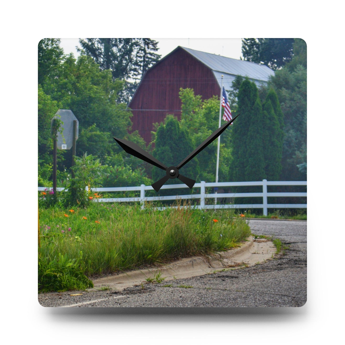 U R There Photography Sutton Road Red and Old Glory Rustic Farmhouse Acrylic Analog Wall Clock