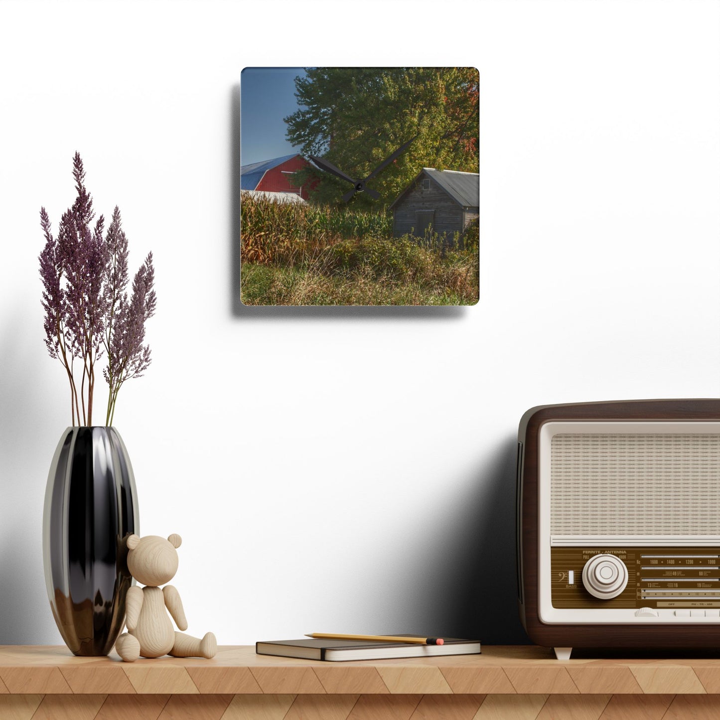 U R There Photography Barnes Road Hidden Red and Little Grey Rustic Farmhouse Acrylic Analog Wall Clock
