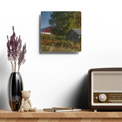 U R There Photography Barnes Road Hidden Red and Little Grey Rustic Farmhouse Acrylic Analog Wall Clock