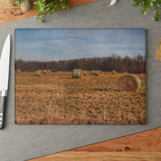 U R There Photography December Haybales Rustic Farmhouse Tempered-Glass Cutting Board