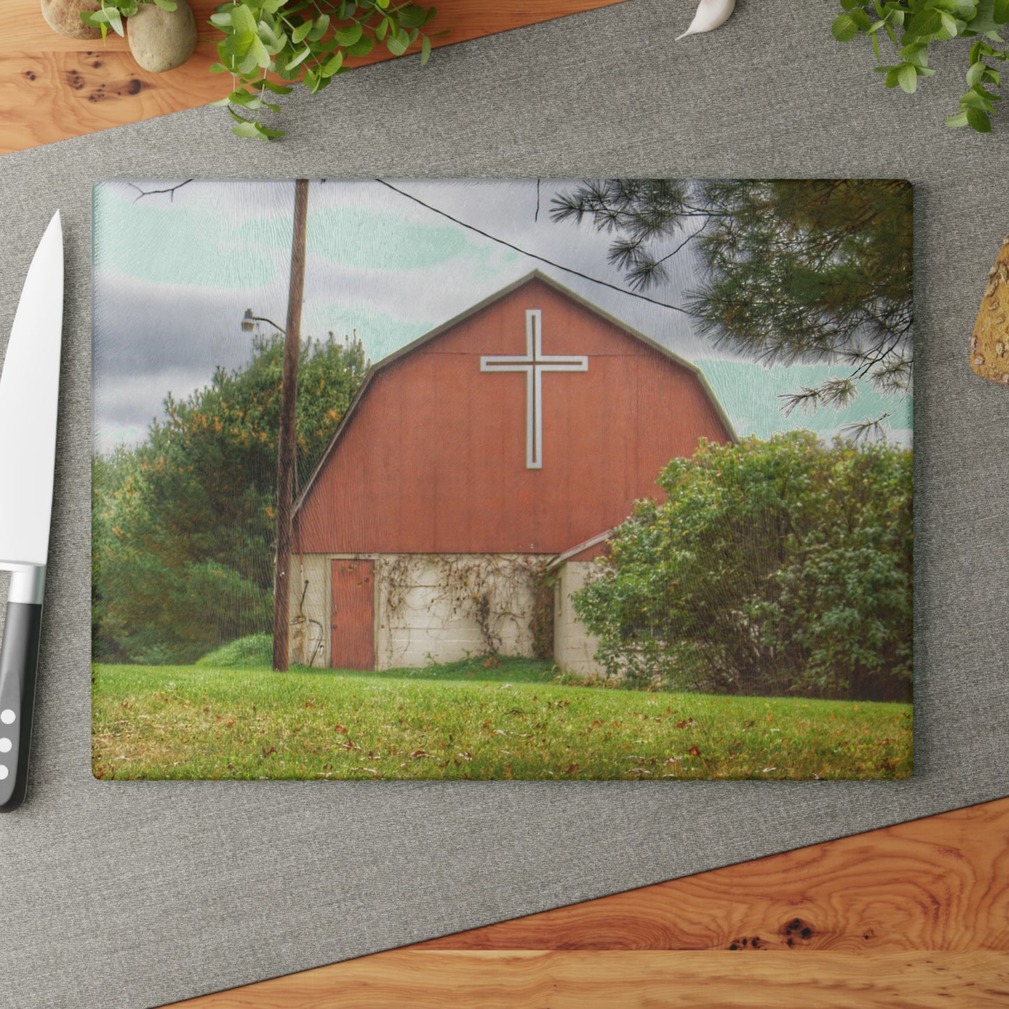 U R There Photography Flint River Road Cross Barn Rustic Farmhouse Tempered-Glass Cutting Board
