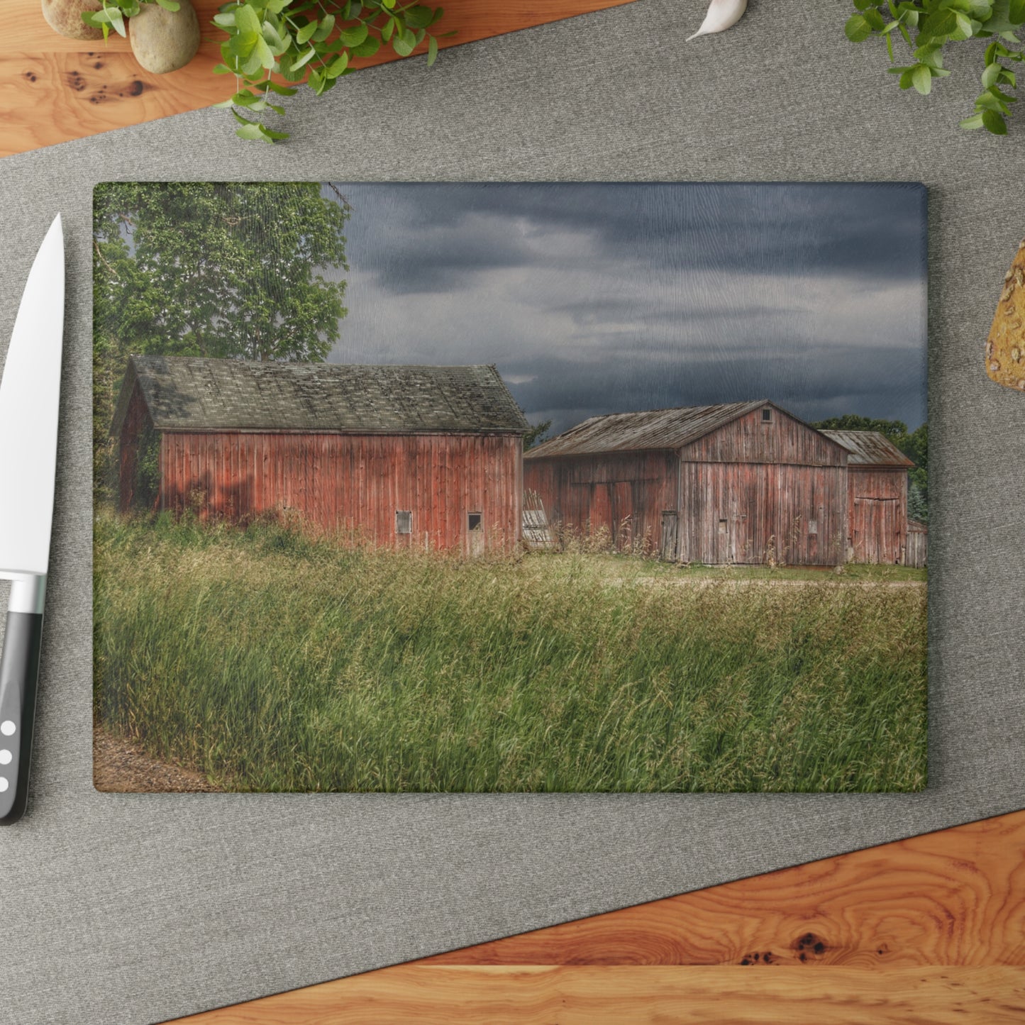 U R There Photography Hunters Creek Reds Rustic Farmhouse Tempered-Glass Cutting Board