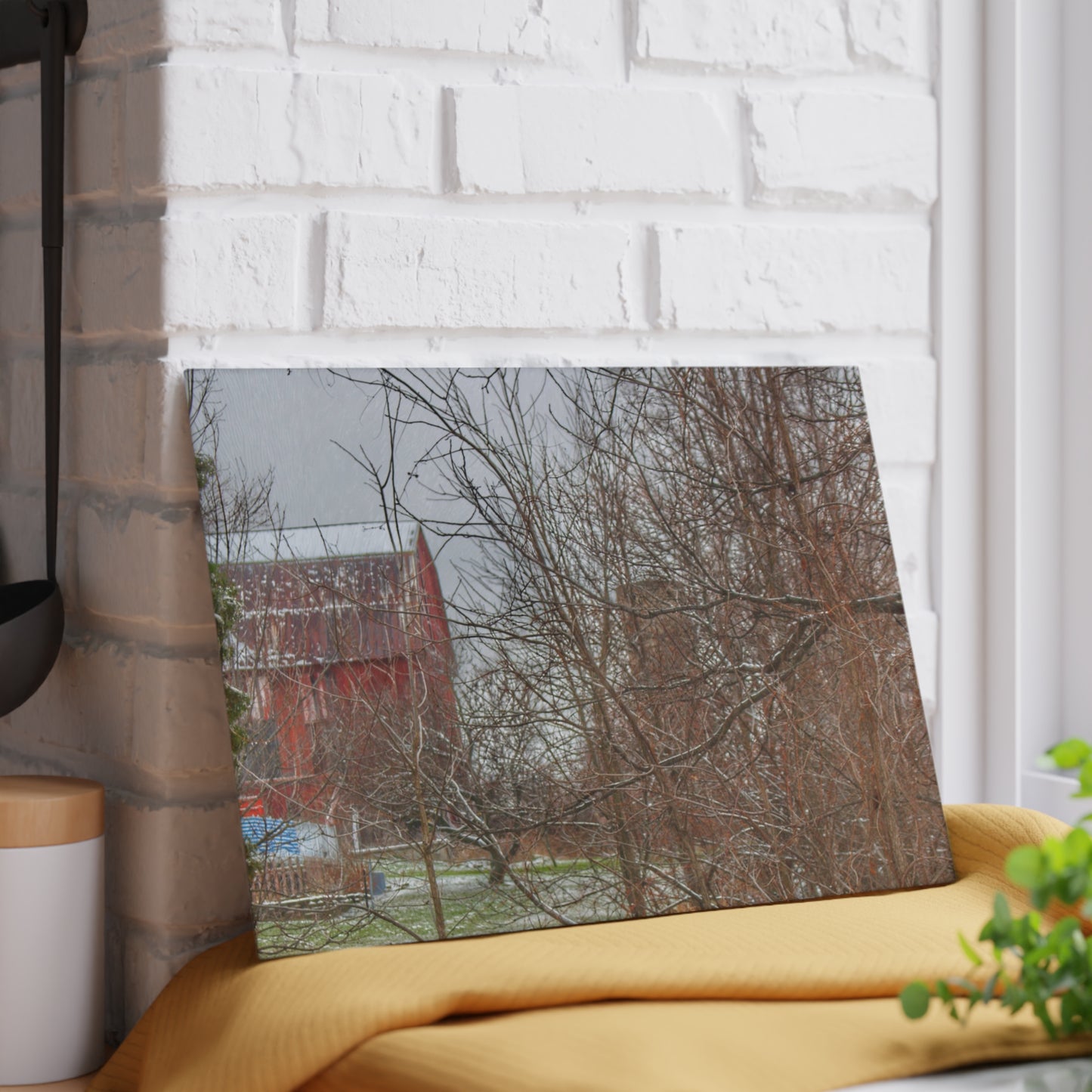 U R There Photography Hough Road Hidden Winter Red I Rustic Farmhouse Tempered-Glass Cutting Board