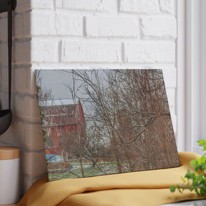 U R There Photography Hough Road Hidden Winter Red I Rustic Farmhouse Tempered-Glass Cutting Board