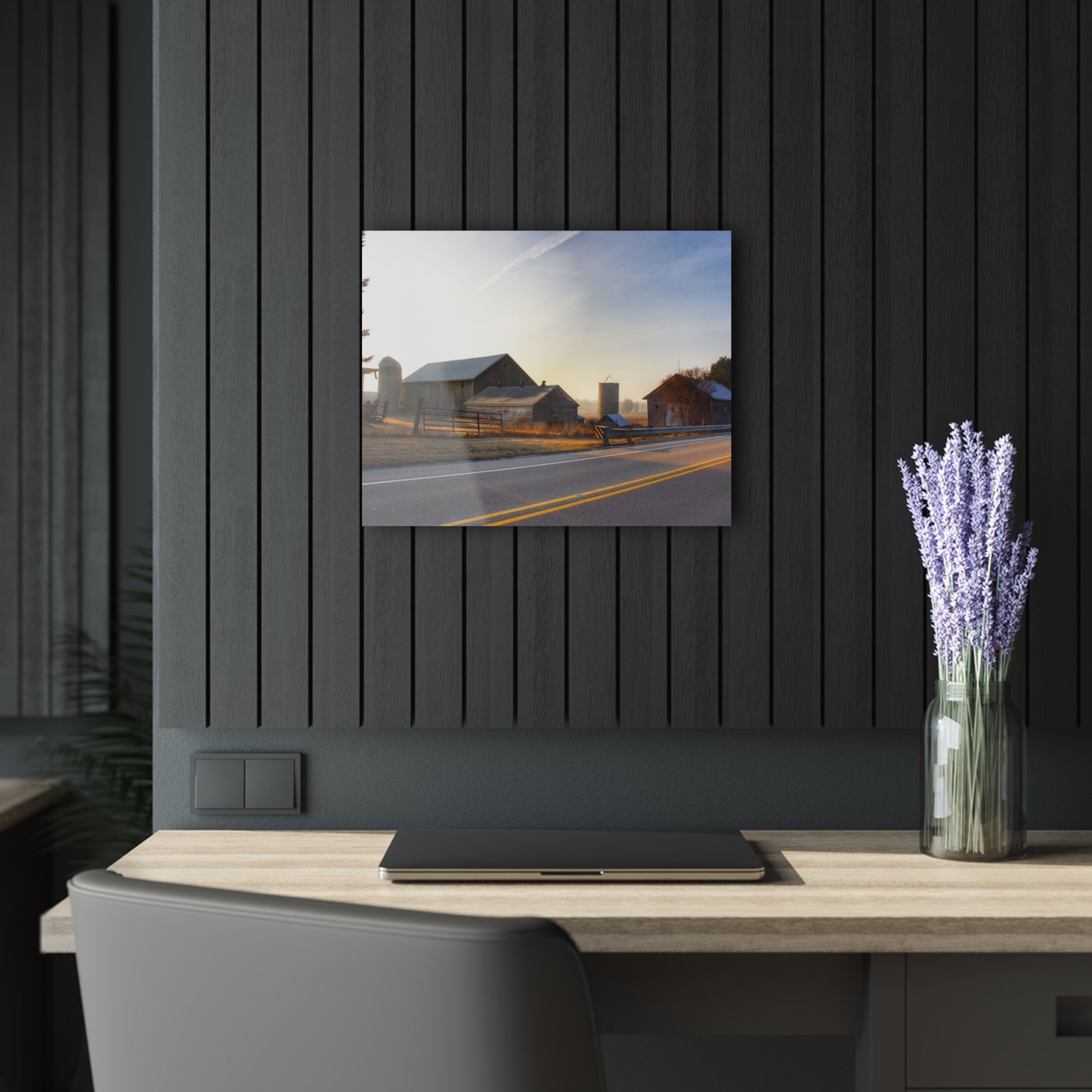 U R There Photography Wilder Road Foggy Morning Greys Rustic Farmhouse Acrylic Wall Print