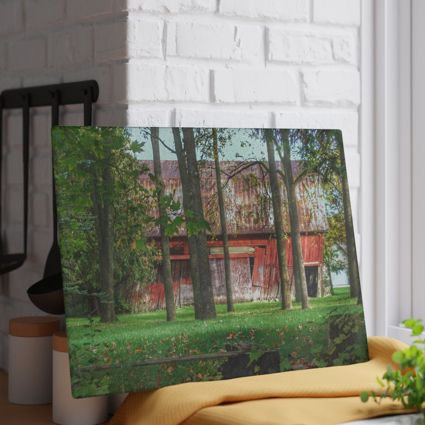 U R There Photography LeValley Falling Red Rustic Farmhouse Tempered-Glass Cutting Board