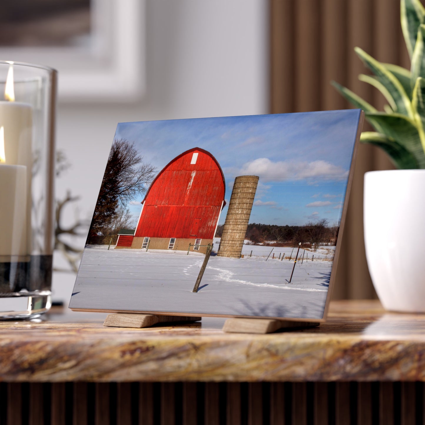 U R There Photography Barnes Road Winter Red Rustic Farmhouse Decorative Ceramic Tile
