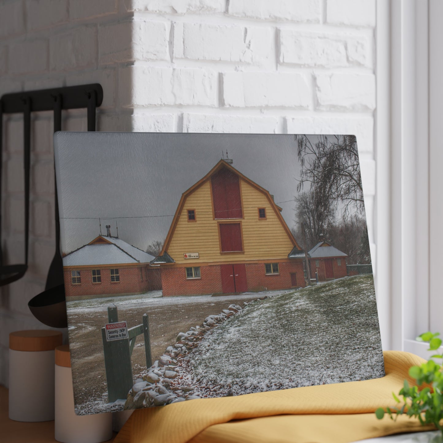 U R There Photography Yellow Barn of Bordman Rustic Farmhouse Tempered-Glass Cutting Board