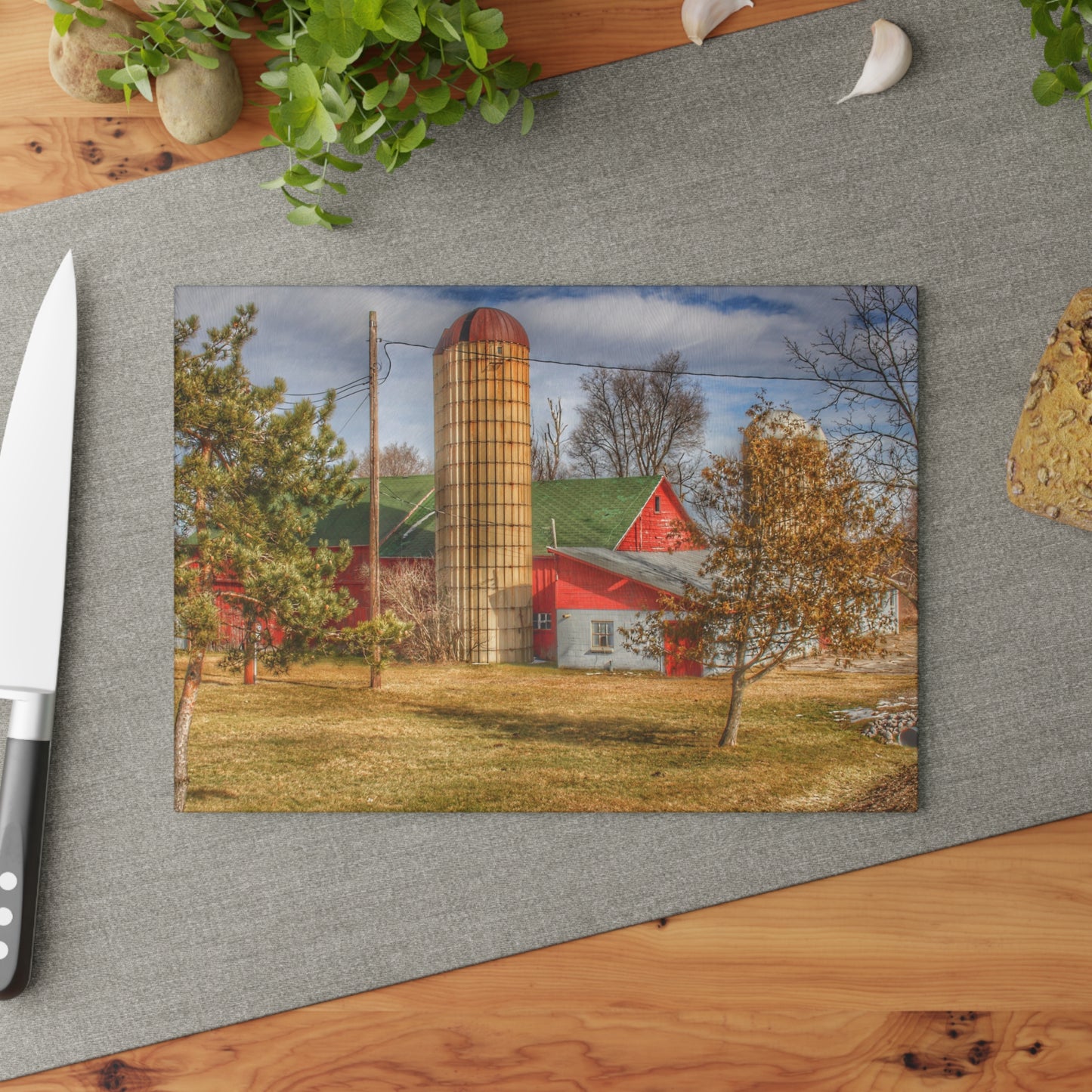U R There Photography Newark Road Red and Silos II Rustic Farmhouse Tempered-Glass Cutting Board