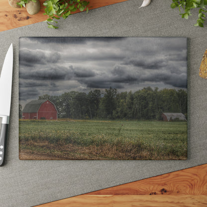 U R There Photography Weyer Road Red and Quonset Rustic Farmhouse Tempered-Glass Cutting Board